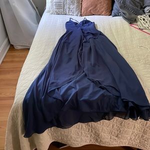Asymmetrical navy evening gown